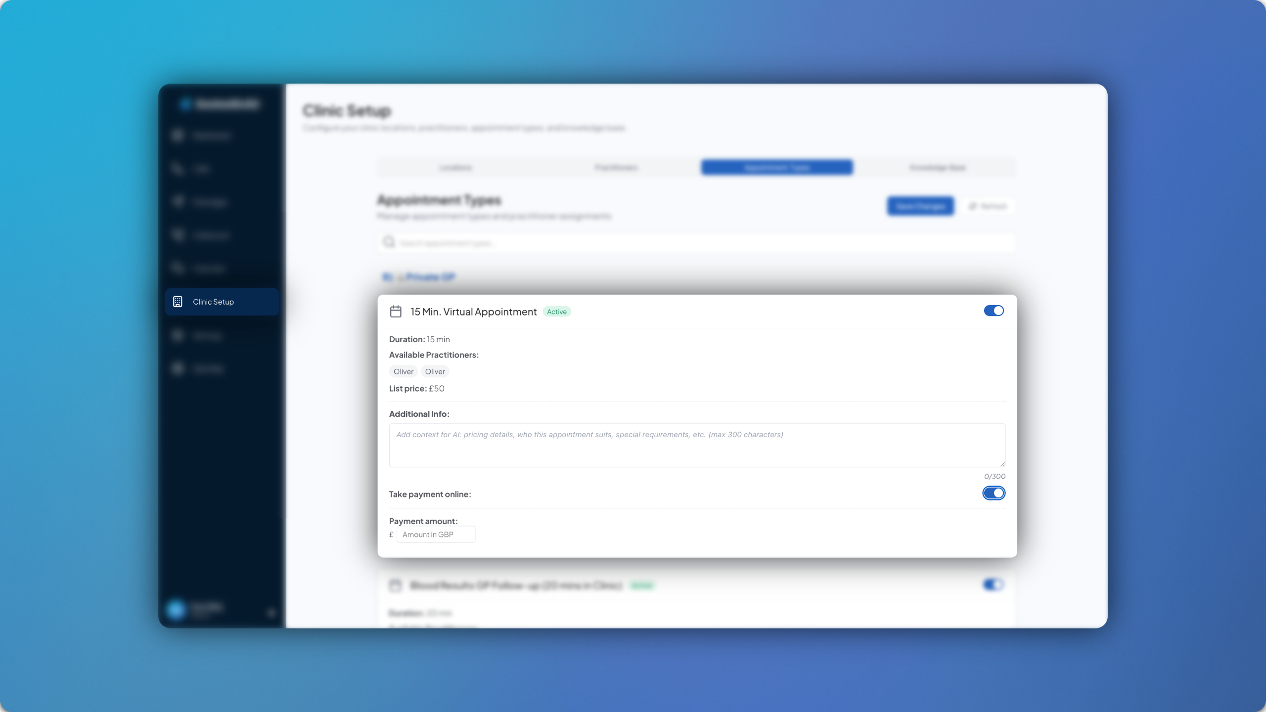 Appointment type payment toggle interface